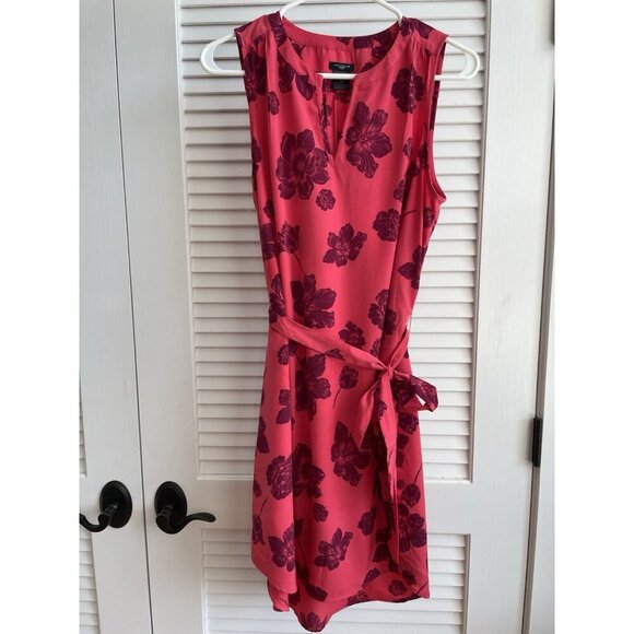 Ann Taylor Red Floral Dress Sleeveless Sheath With Belt Women's Sz Large - Picture 1 of 6